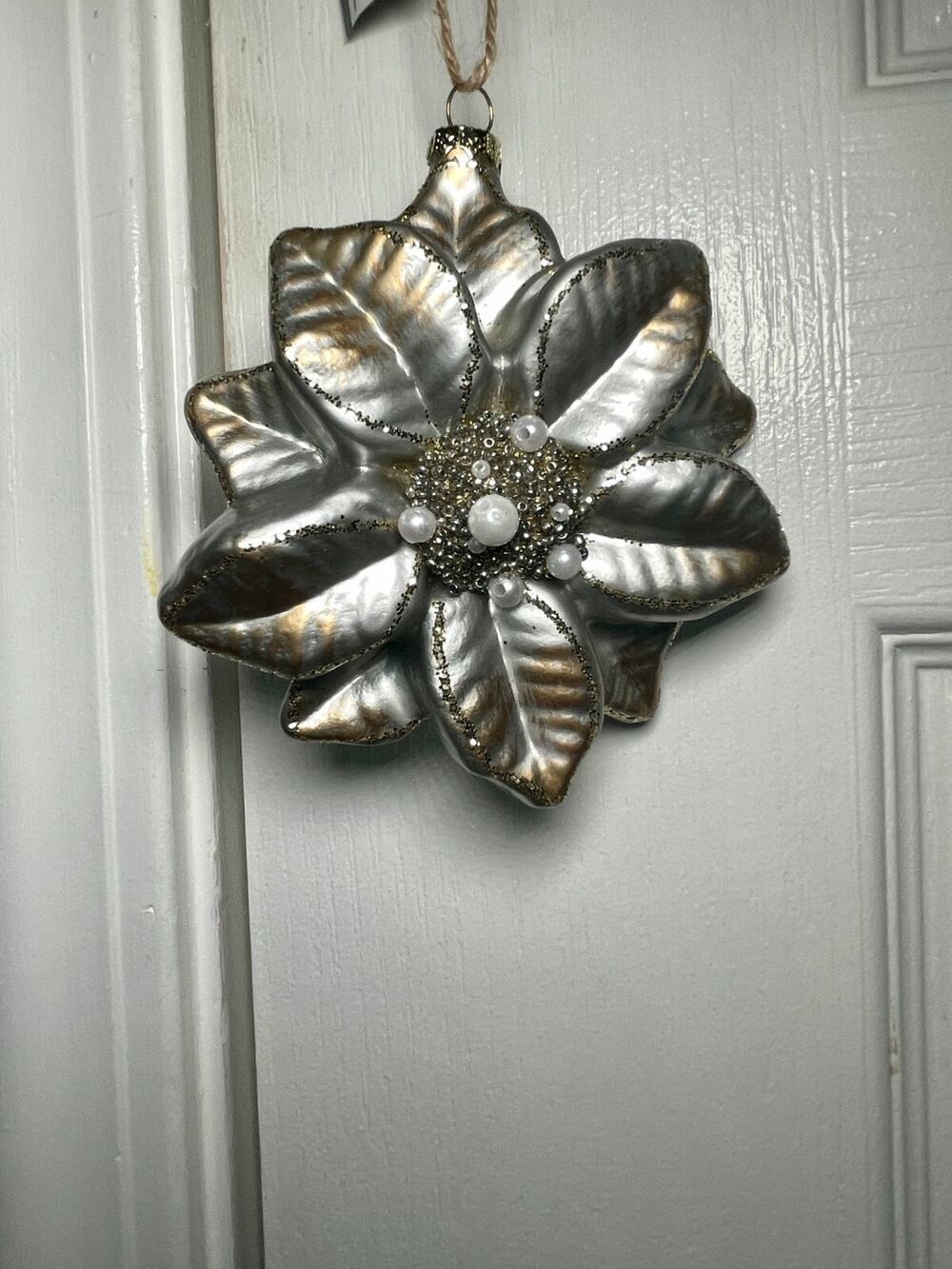 NEW Silver & Gold Poinsettia Christmas Ornament - New w Tag